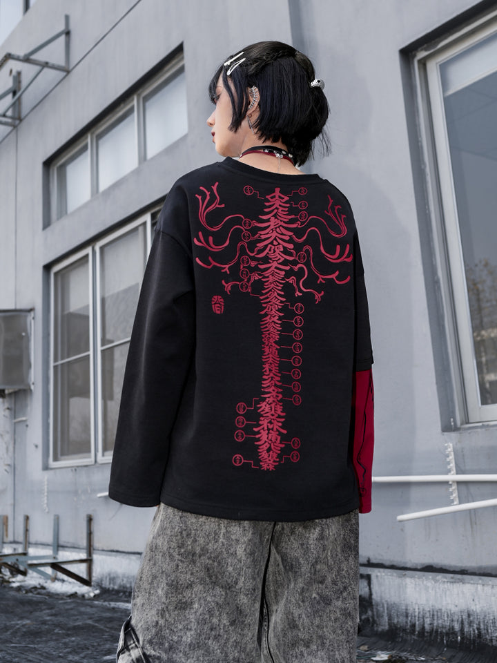 Han-style print Colorblock V-neck long-sleeve T-shirt