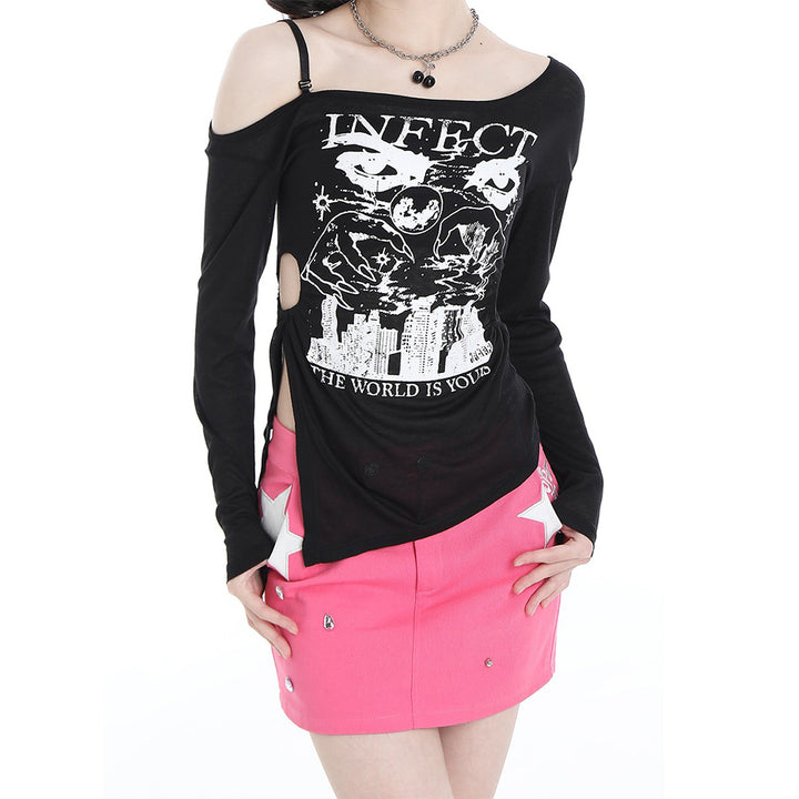 Korean Mesh Long-sleeved Thin Spring and Autumn Shoulder-baring Top