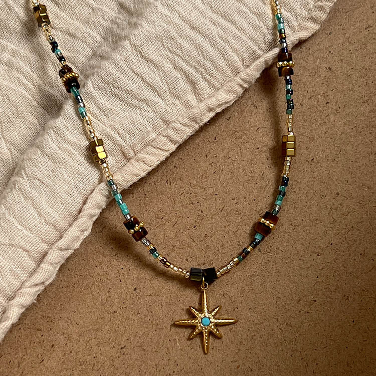 Luxury Meilad natural stone beaded octagram necklace