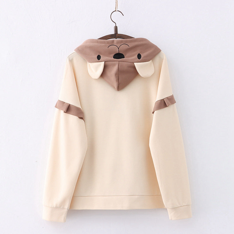 Bear Embroidery Drawstring Pocket Hoodie