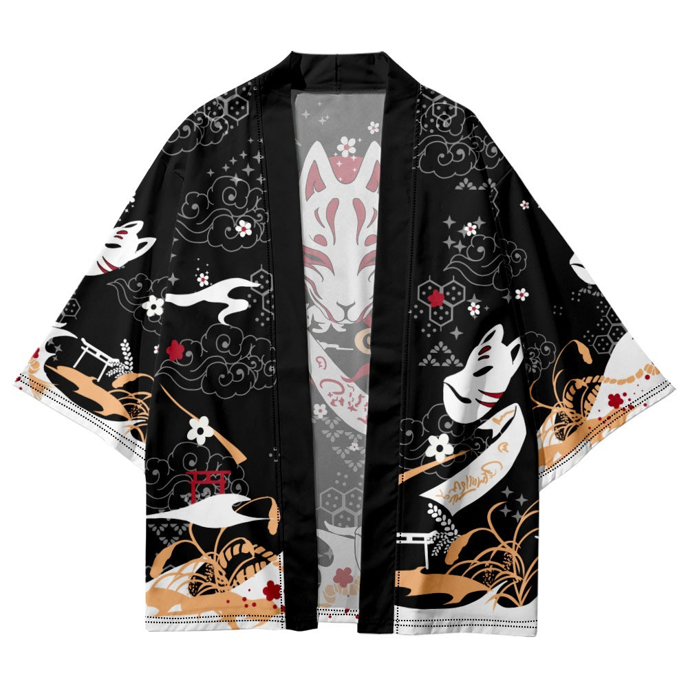 Vintage Fox Mask Print Kimono Outerwear