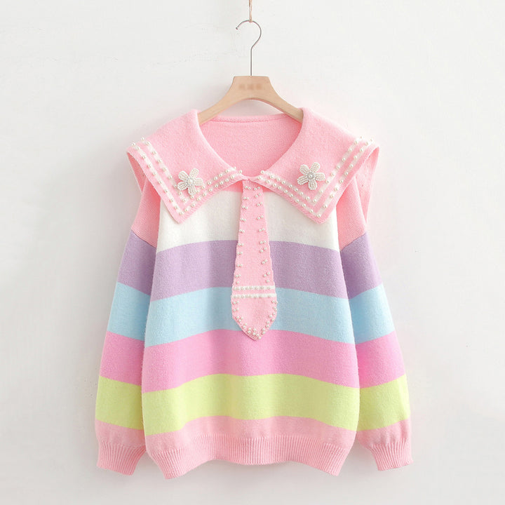 Rainbow Striped Naval Collar Long Sleeve Knit Sweater