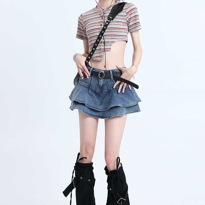 Korean Summer High Waist ruffle Denim Skirt