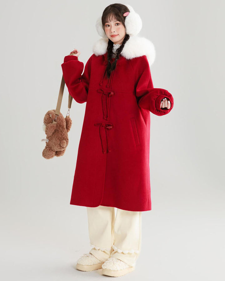 Red Wool Coat with Lantern Sleeves