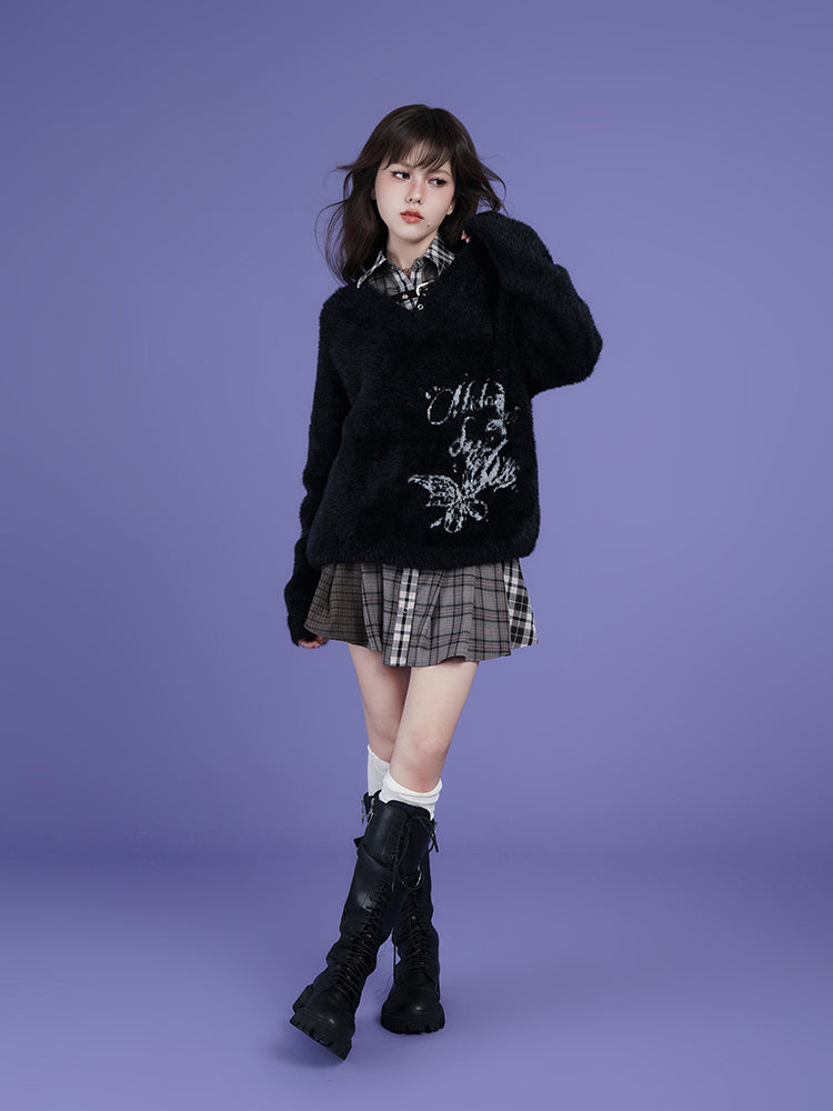 Street Style Black V-Neck Jacquard Loose Sweater