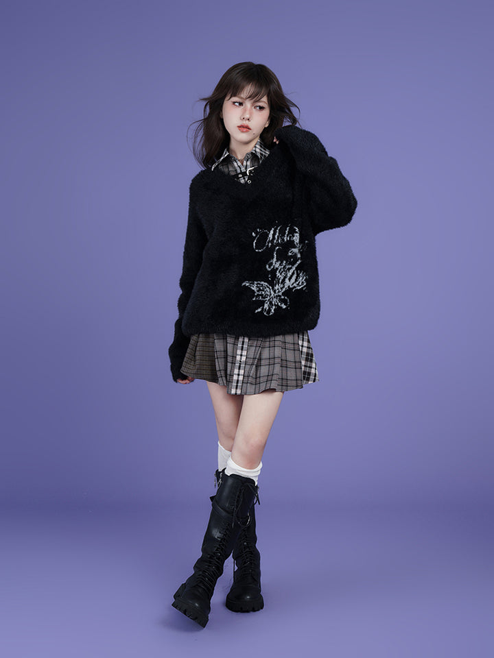 Street Style Black V-Neck Jacquard Loose Sweater