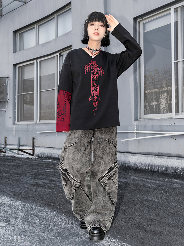 Han-style print Colorblock V-neck long-sleeve T-shirt