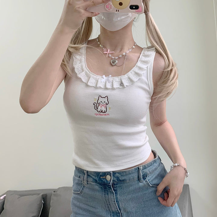 Cat Embroidery Lace Trim Camisole Top