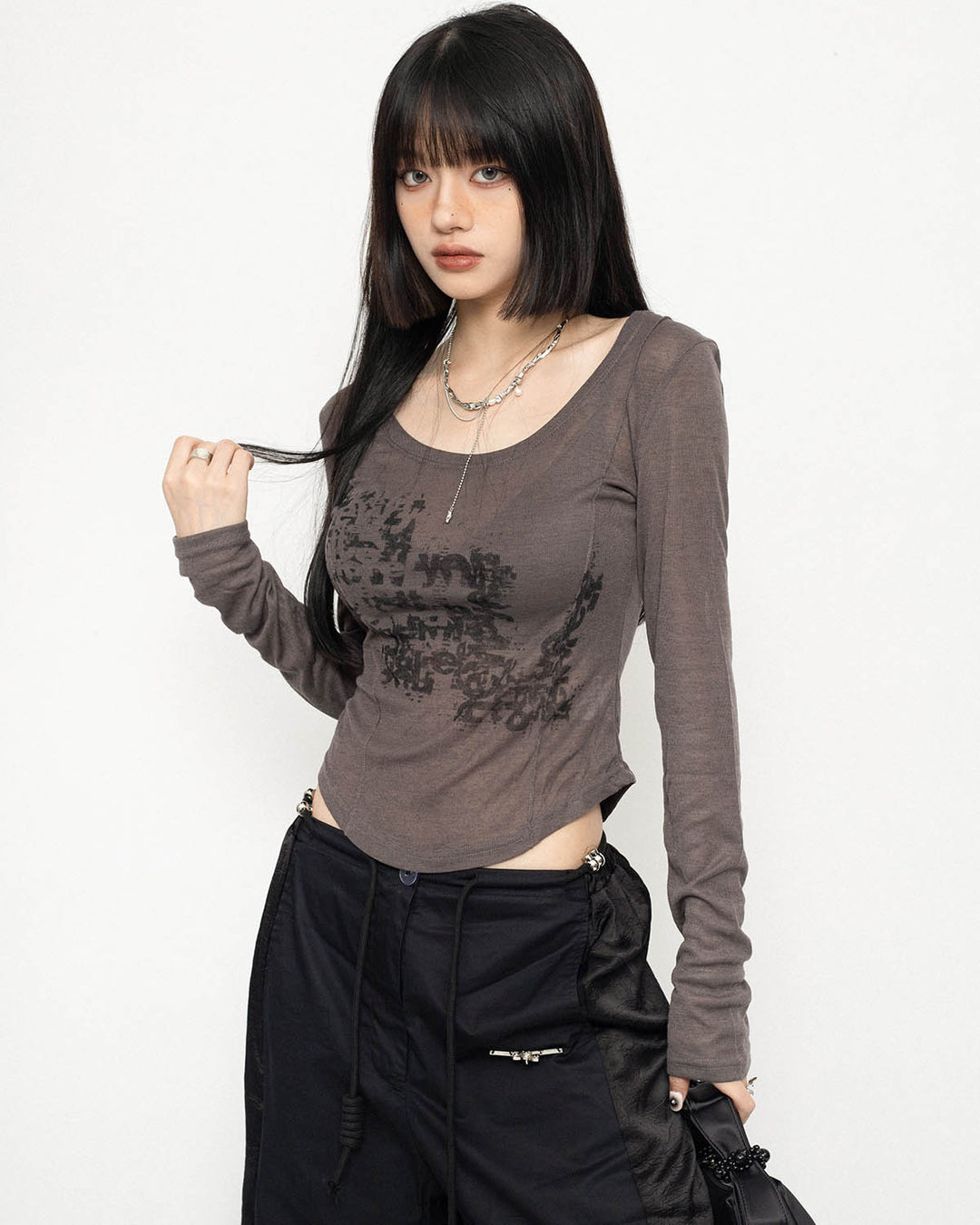 Korean fashion slim-fit long-sleeve Coffee top