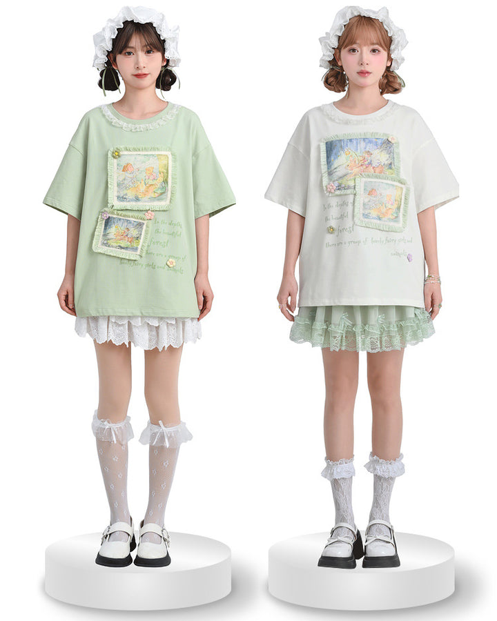 White/Green Spring/Summer Illustration Round Neck T-shirt