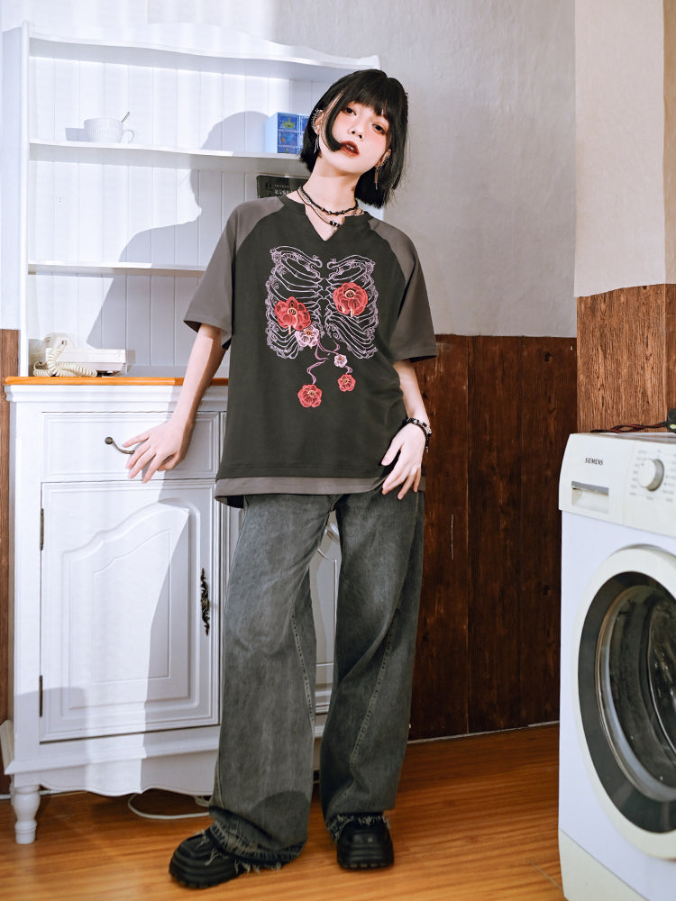 floral bone print Dark-style V-neck short-sleeve T-shirt