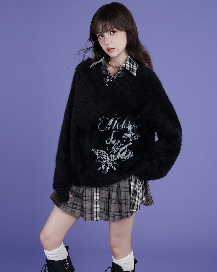 Patchwork Design Loose Casual Shirt Dress with Plaid Pattern