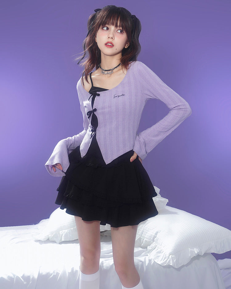 Spring Purple Flared Long-Sleeve Slim-Fit Short Top