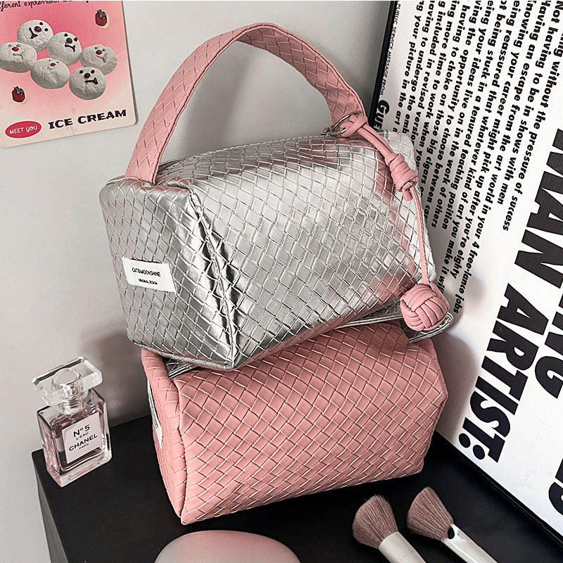Weave Design Silver Pink Makeup Bag