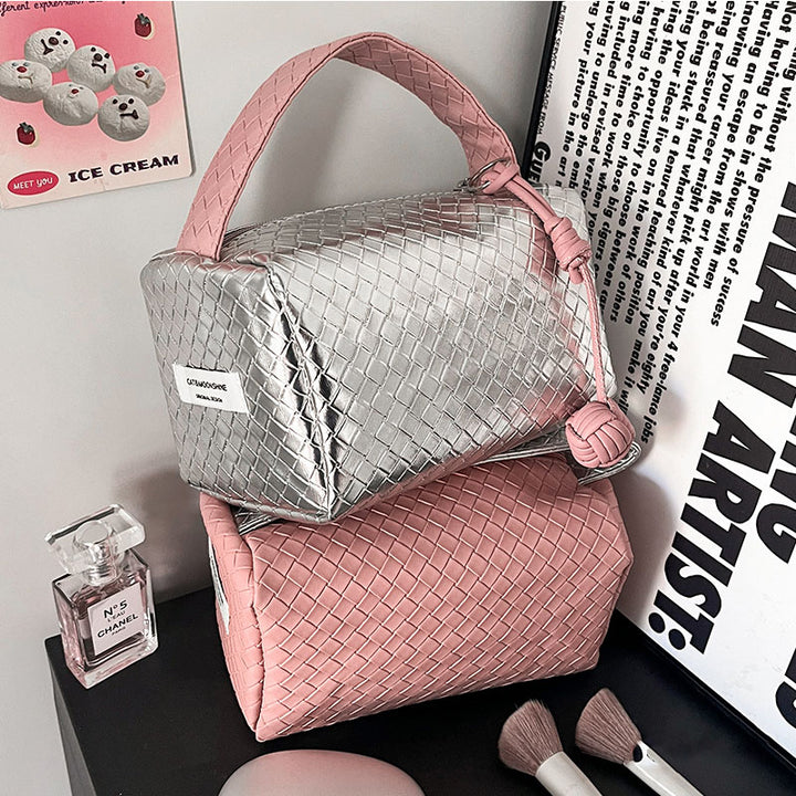 Weave Design Silver Pink Makeup Bag