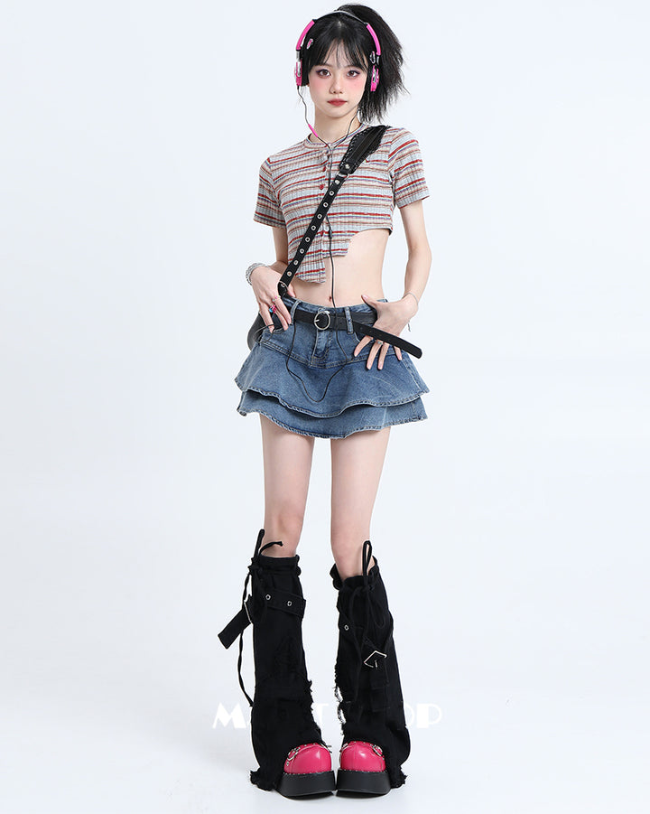 Summer High-waisted A-line Denim Skirt with Ruffled Hem