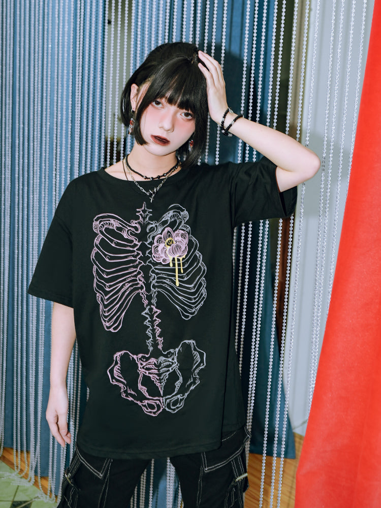 floral bone print Dark aesthetic short-sleeve top