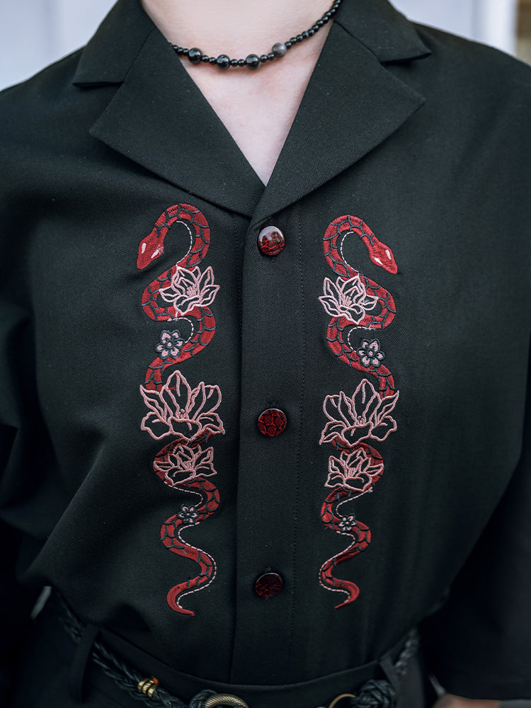 Loose-fit Chinese-style embroidered 3/4 sleeve shirt for summer