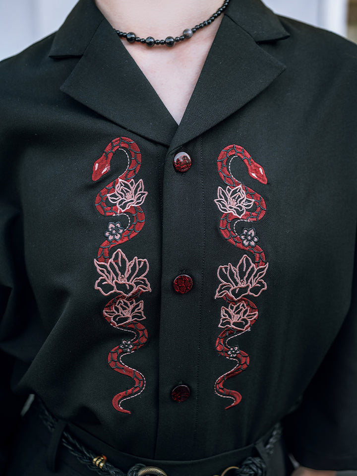Loose-fit Chinese-style embroidered 3/4 sleeve shirt for summer