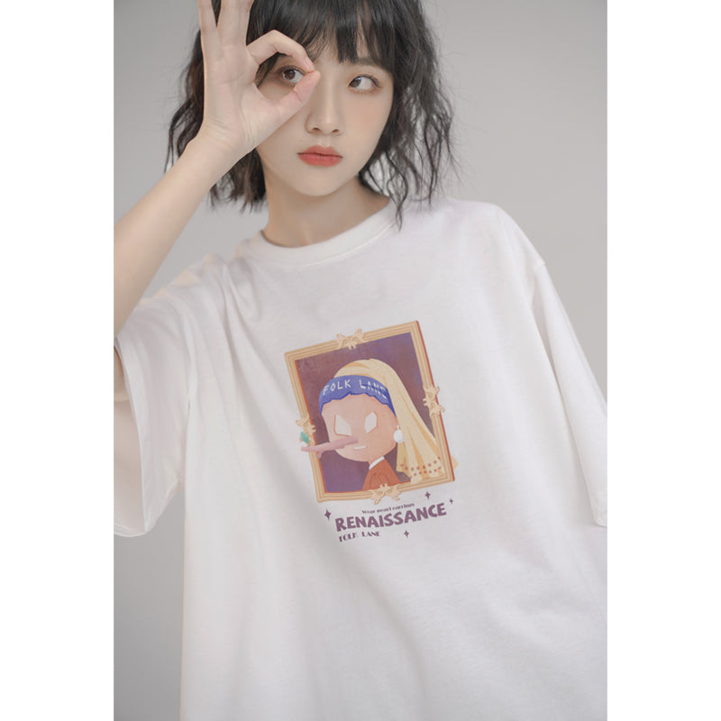 Oil Painting Letter Printed Loose Short Sleeve Summer T-shirt