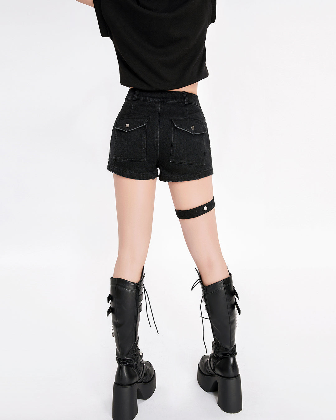 Studded Punk Low-rise A-line Black Denim Shorts
