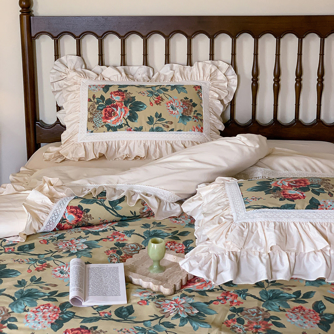 Vintage Rose Lotus Leaf Edge Bedding Set