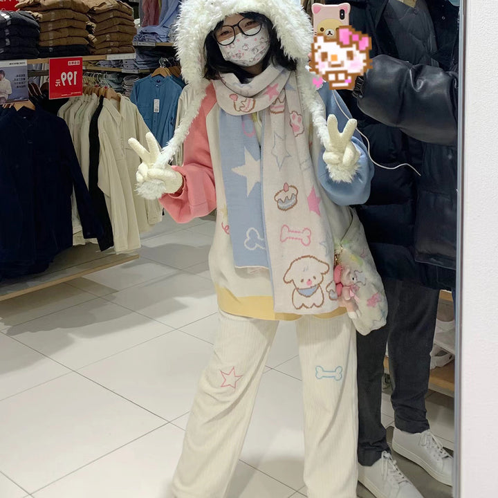 Star Bone Embroidery Inner Fleece Corduroy Pants for Autumn and Winter