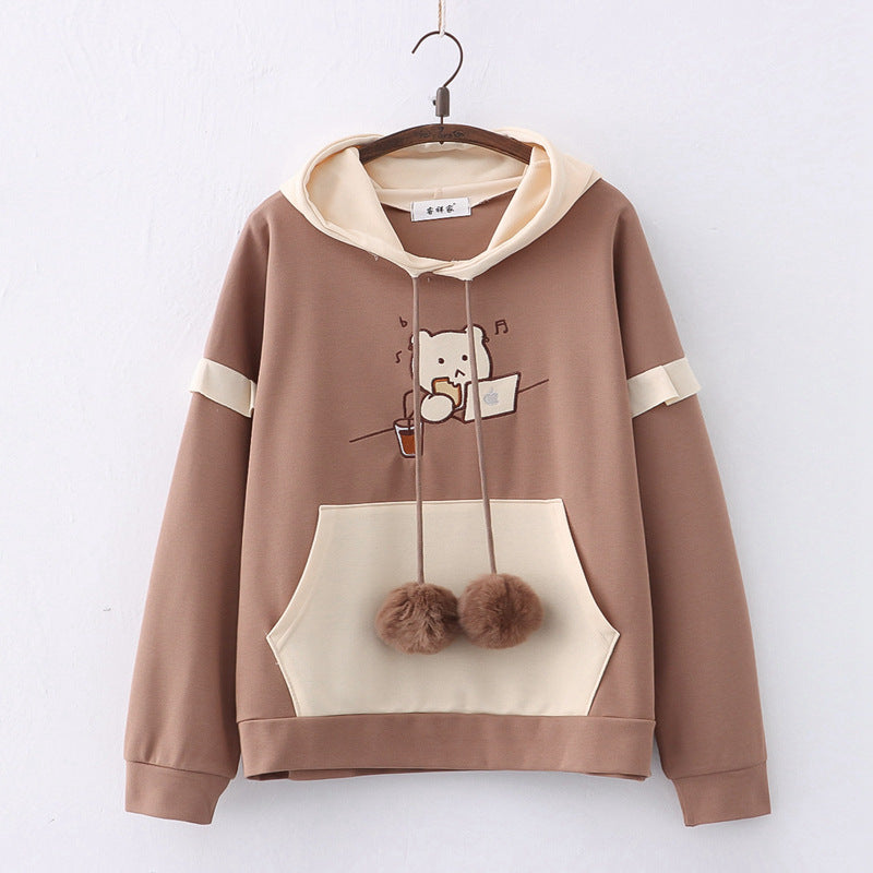 Bear Embroidery Drawstring Pocket Hoodie