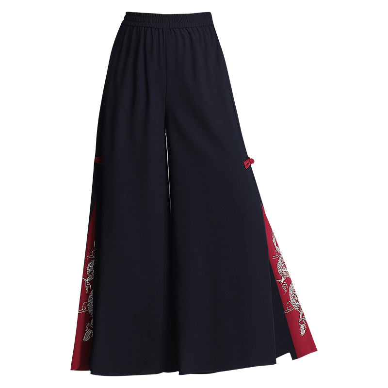 Vintage Dragon Embroidery Chiffon Wide-leg Pants