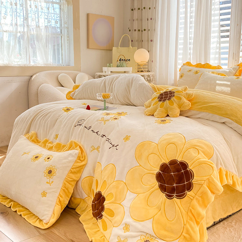 Sunflower Pattern Coral Fleece Duvet Cover