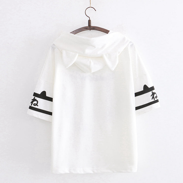 Cat “Meow” Paw Printed Ears Hooded T-shirt