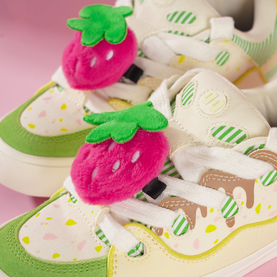 Strawberry Cake-Inspired Yellow and Green Color-Block Puffer Shoes