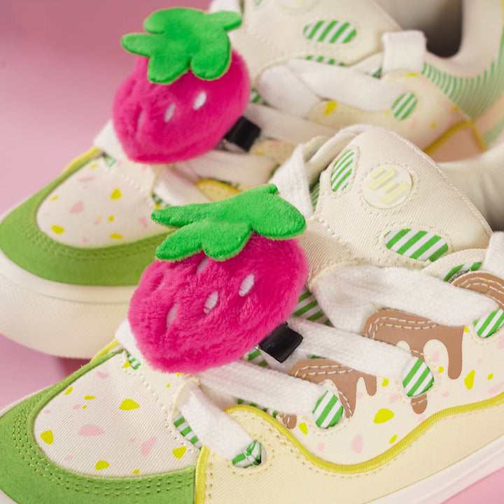 Strawberry Cake-Inspired Yellow and Green Color-Block Puffer Shoes