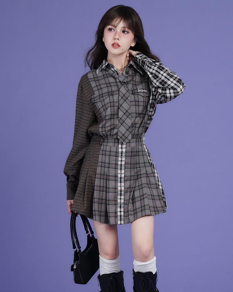 Patchwork Design Loose Casual Shirt Dress with Plaid Pattern