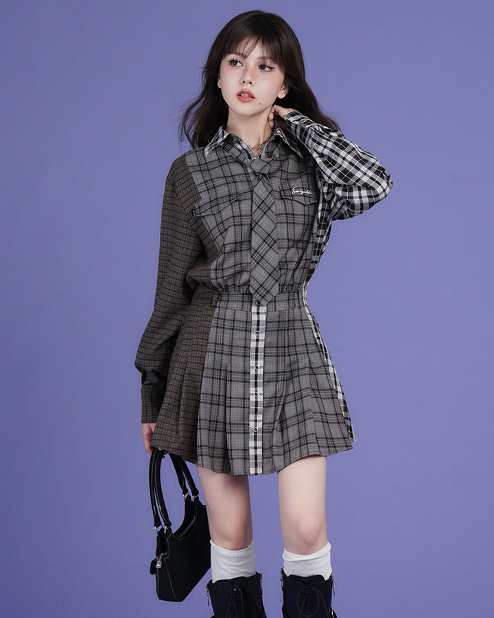 Patchwork Design Loose Casual Shirt Dress with Plaid Pattern