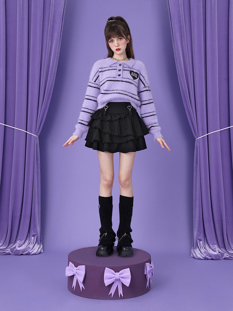 Striped Knit Polo Purple Casual Sweater