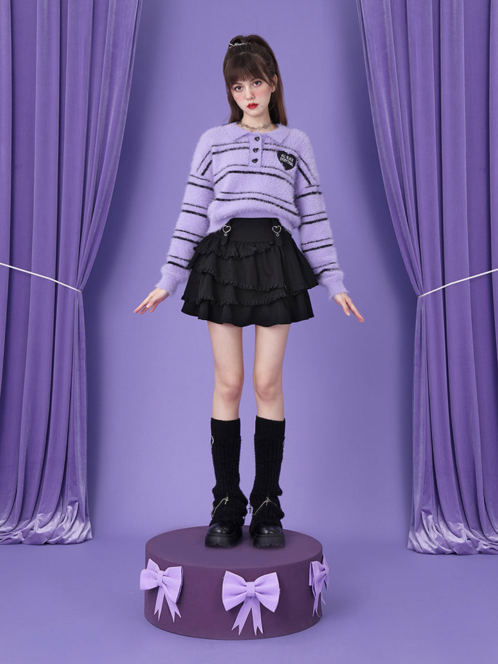 Striped Knit Polo Purple Casual Sweater