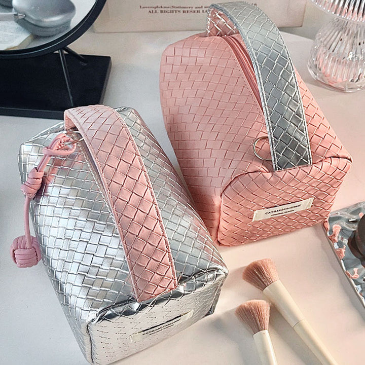 Weave Design Silver Pink Makeup Bag