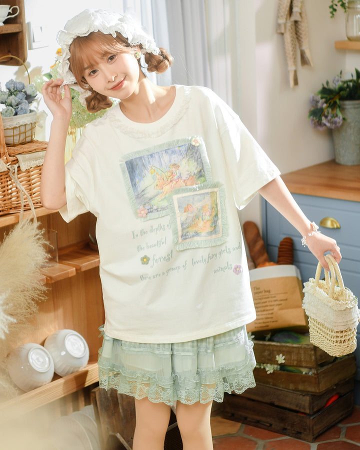 White/Green Spring/Summer Illustration Round Neck T-shirt