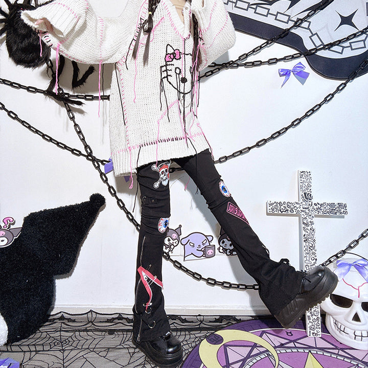 Skull Embroidery Zipper Punk Black High-waisted Jeans