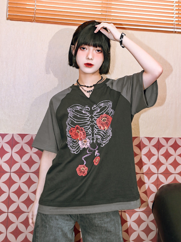 floral bone print Dark-style V-neck short-sleeve T-shirt