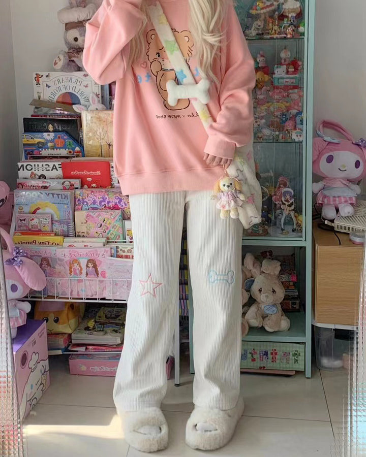 Star Bone Embroidery Inner Fleece Corduroy Pants for Autumn and Winter