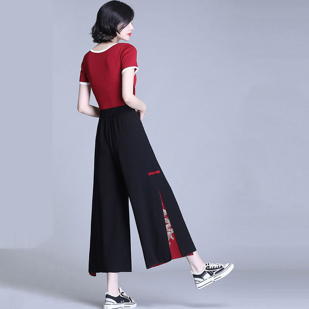 Vintage Dragon Embroidery Chiffon Wide-leg Pants