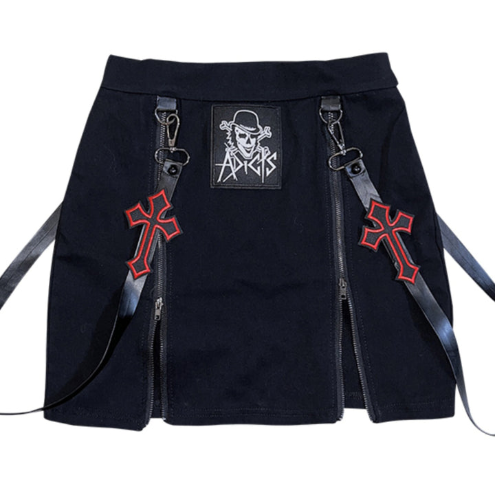Punk cross-split black mini skirt