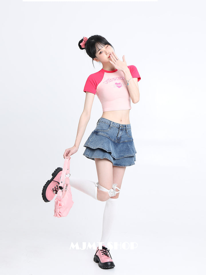 Summer High-waisted A-line Denim Skirt with Ruffled Hem