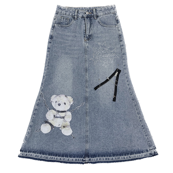 American bear embroidered street Y2K fashion denim midi skirt