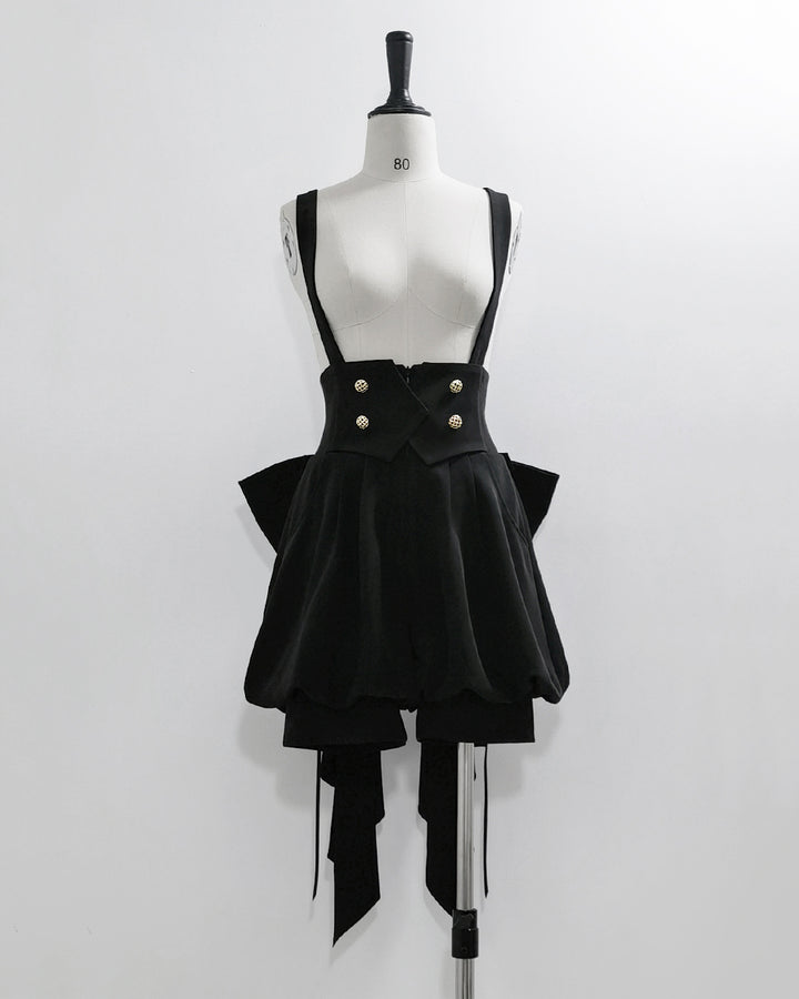 Stylish Black High-Waisted Suspender Shorts with Flared Skirt Overlay