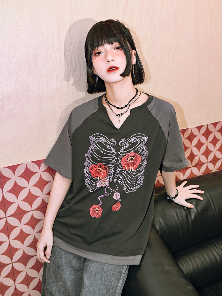 floral bone print Dark-style V-neck short-sleeve T-shirt