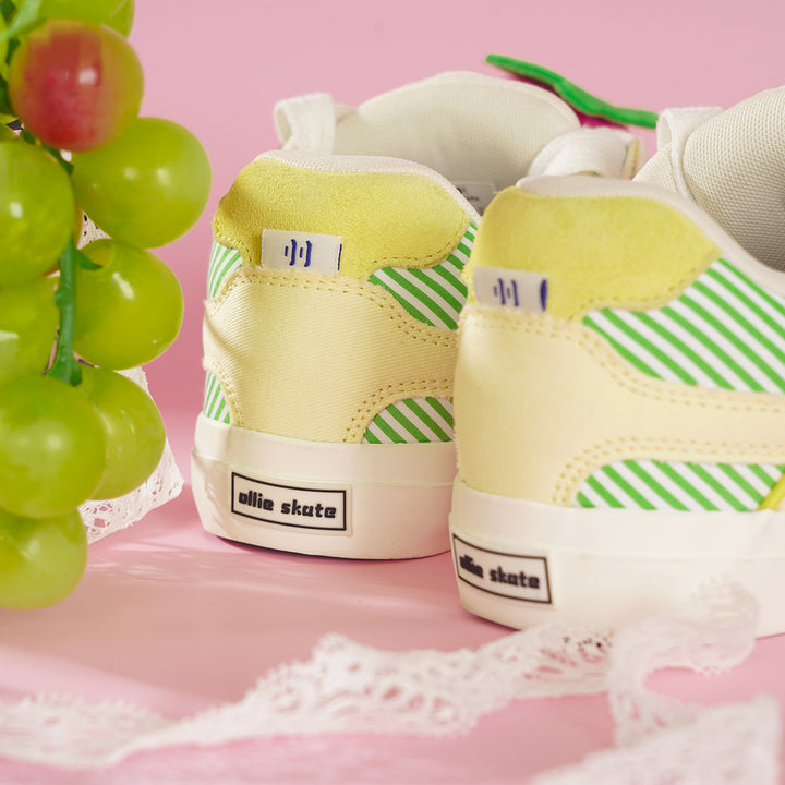 Strawberry Cake-Inspired Yellow and Green Color-Block Puffer Shoes