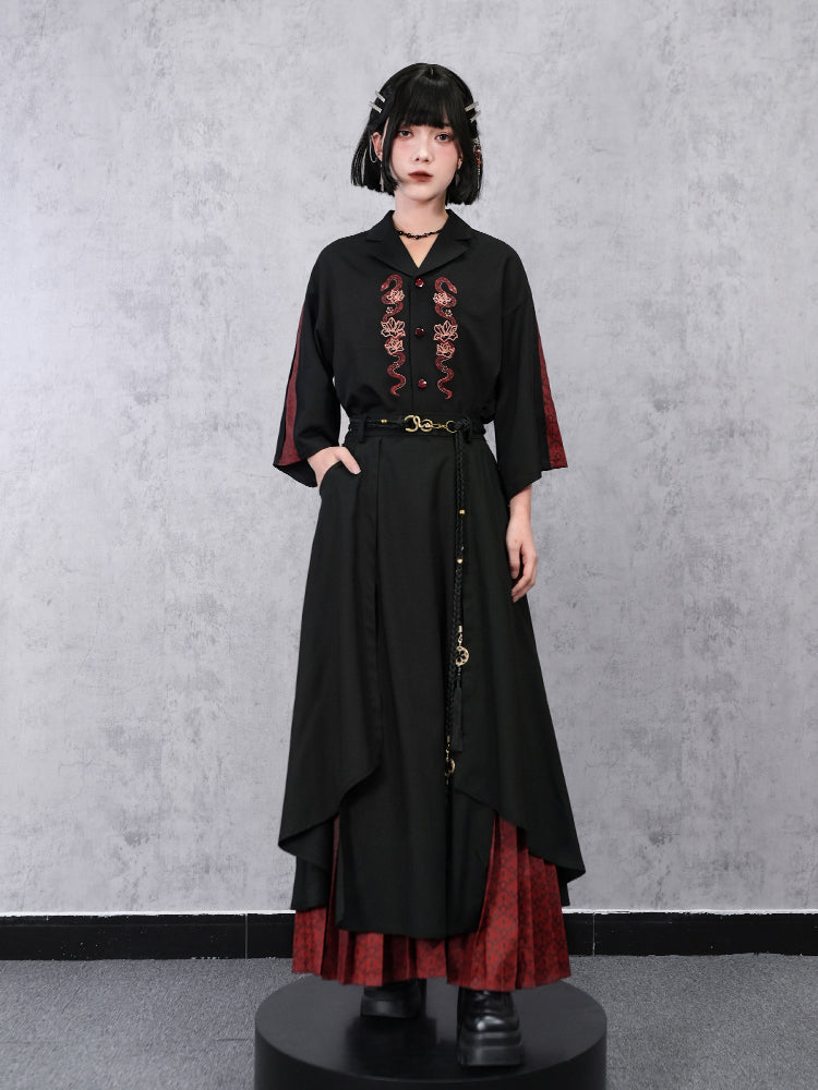 Loose-fit Chinese-style embroidered 3/4 sleeve shirt for summer